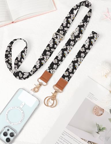 Phone Lanyard Crossbody Strap, Adjustable Neck Strap and Wristlet Strap for Phone Wallet ID Badge with 2 Phone Tabs - color: Black Daisies