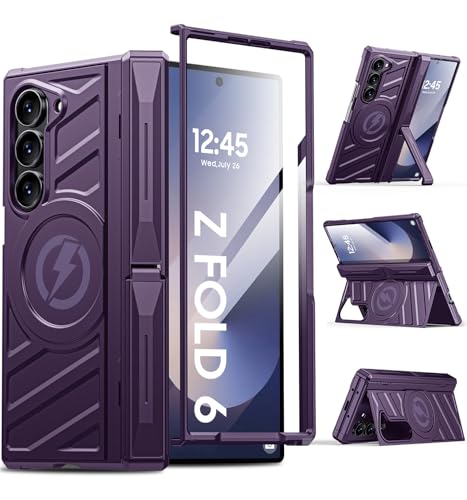 Magnetic for Galaxy Z-Fold-6 Case: Heavy Duty Armor Phone Case [Compatible with MagSafe][Hinge Protection][Dual Kickstand] Shockproof TPU+PC Cover for zfold 6 5G 2024 Purple - color: Purple