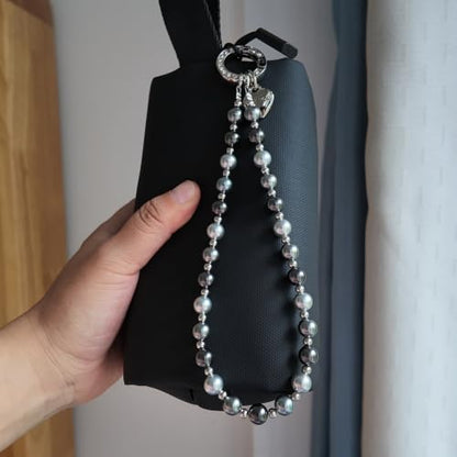 Phone Charm Wrist Strap for Women, Detachable Anti-Theft Cell Phone Case Camera AirPods Bags Keychains Lanyard with Tether Tab for iPhone, Samsung and Most Smartphones, Hand-free Beaded Chain (Black and Gray) - color: Black and Gray