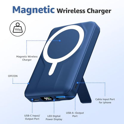 Azmuth for MagSafe Portable Charger, 10000mAh Magnetic Power Bank 20W PD | Fast Charging,Wireless Battery Pack with LED Display & Stand,Travel Essentials,for iPhone 17/16/15/14/13/12 Series - color: Blue