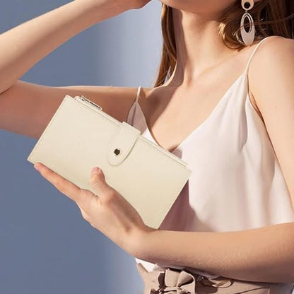 Travelambo RFID Wallet Women Large Size Bifold Multi Card Wallet Case with Zipper Pocke Credit Card Holder for Women - color: Beige