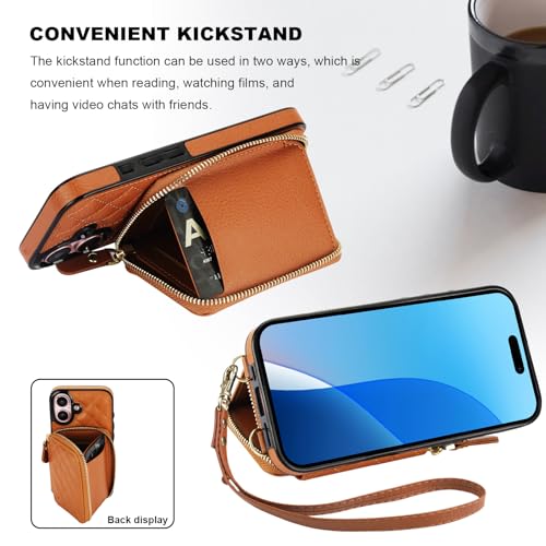 Bocasal Crossbody Wallet Case Card Holder for iPhone 16, Brown | RFID Blocking PU Leather Zipper Handbag Purse, Kickstand Flip Folio Case with Card Slots Holder Wrist Strap Lanyard 6.1 Inch - color: Brown