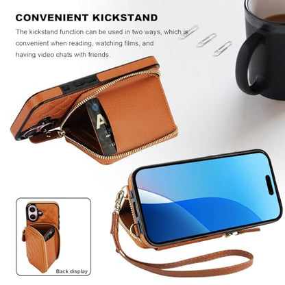 Bocasal Crossbody Wallet Case Card Holder for iPhone 16, Brown | RFID Blocking PU Leather Zipper Handbag Purse, Kickstand Flip Folio Case with Card Slots Holder Wrist Strap Lanyard 6.1 Inch - color: Brown