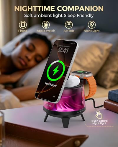 3 in 1 Wireless Charging Station for Apple Devices,Mag-Safe Charger Stand,Magnetic Wireless Charger Station,RGB Ambient Light,for iPhone 17 Pro Max 16 15 14 13 12,AirPods & Apple Watch Series