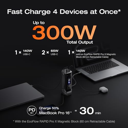 EF ECOFLOW Rapid Pro X Power Bank, 27650mAh 4-Part with 300W Output, Portable Charger with 140W Built-in Cable, for MacBook, iPhone, Laptops, and More - color: Dark Black