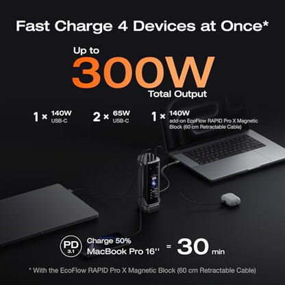 EF ECOFLOW Rapid Pro X Power Bank, 27650mAh 4-Part with 300W Output, Portable Charger with 140W Built-in Cable, for MacBook, iPhone, Laptops, and More - color: Dark Black
