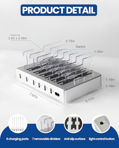 6-Port USB Charging Station with 6 Included Cables, Fast Charging Hub for iPhone Android Cell Phone, Tablet, Smartwatch - Multi Port Desktop Organizer (Silver)