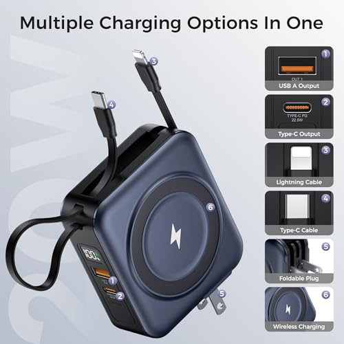 10000mAh Portable Charger Power Bank Built in Cables&Wall Plug - color: Deep Blue