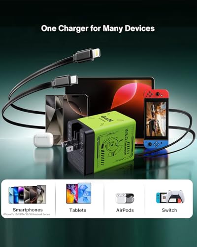 W & O 2-in-1 gan Compatible with Fast Charger,Retractable Phone Charger with Cables,45W iPhone Charger Fast Charging,Fast Charger for iPhone16/15/14/13 Series, Galaxy S25/24,Android and More（Green） - color: Evergreen