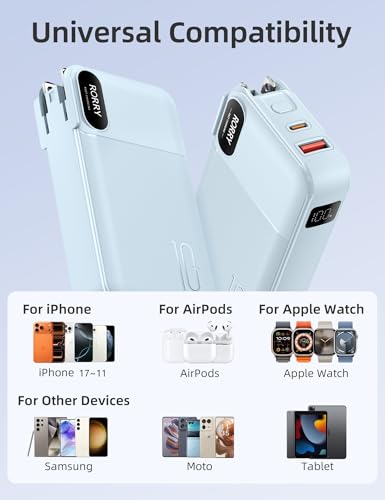 RORRY Portable Charger 3 in 1 with Wall Plug 10000mAh Power Bank for iPhone - color: Blue
