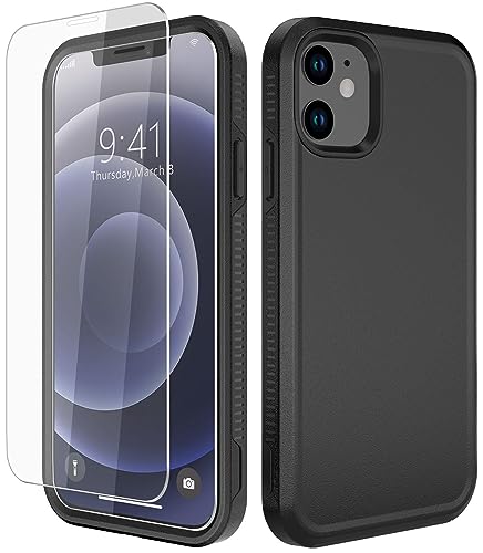 Diverbox for iPhone 12 case [Shockproof] [Dropproof] [Tempered Glass Screen Protector ] Heavy Duty Protection Phone Case Cover for Apple iPhone 12 - color: Black-2in1