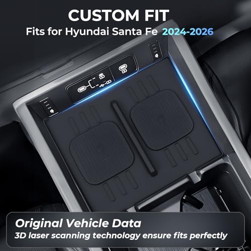 Center Console Wireless Charging Protective Mats for Hyundai Santa Fe 2024 2025 2026, Interior Accessories Silicone Non-Slip Anti-Dust Waterproof Pad, Black