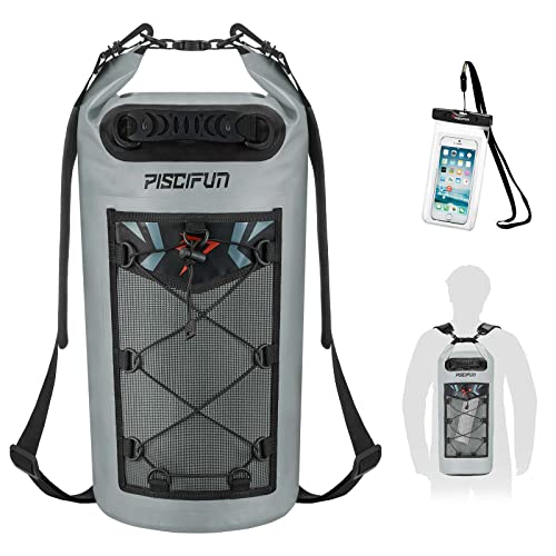 Piscifun Dry Bag, Waterproof Floating Backpack 10L/20L/30L/40L | Waterproof Phone Case, Adjustable shoulder straps, Roll-top closure keeps gear dry, Ideal for Boating, Kayaking, Fishing - color: Grey, style: 30l