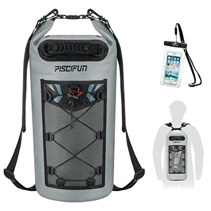 Piscifun Dry Bag, Waterproof Floating Backpack 10L/20L/30L/40L | Waterproof Phone Case, Adjustable shoulder straps, Roll-top closure keeps gear dry, Ideal for Boating, Kayaking, Fishing - color: Grey, style: 30l