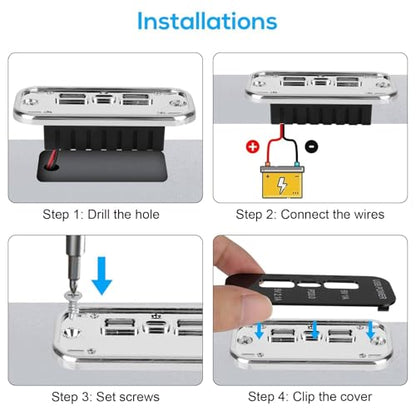 Linkstyle 12V USB Outlet, Dual USB A & 18W USB C Fast Charger Socket Panel with LED Light Flush Mount for Car Marine RV Truck