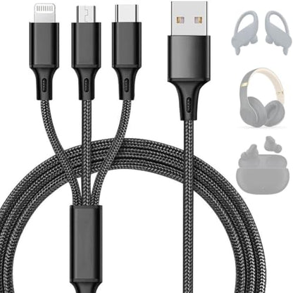 3-in-1 Multi Fast Charging Cable 4FT Nylon Braided Micro USB USB-C for iPhone 14 13 12 Pro Max Samsung OnePlus Xiaomi Travel Car Accessories - color: Black