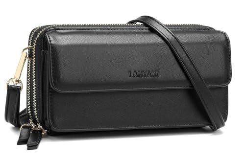 RFID Crossbody Wallet Wristlet Purse with Phone Pocket For Women Vegan Leather - color: Black