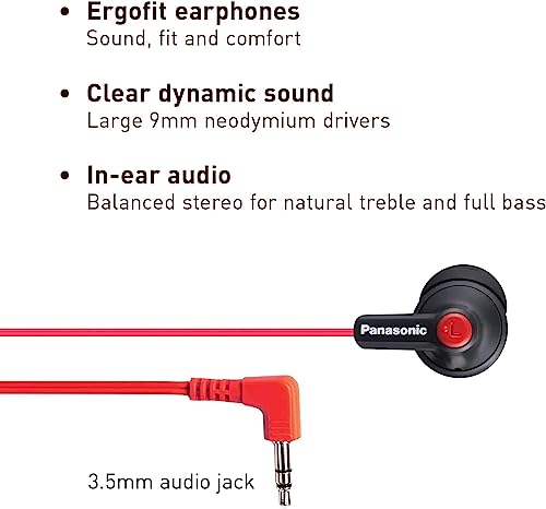 Panasonic Ergofit in-Ear Earbud Headphones Matte Black/Red (RP-HJE120-KB) - color: Matte Black/RED, size: S/M/L, style: No Mic