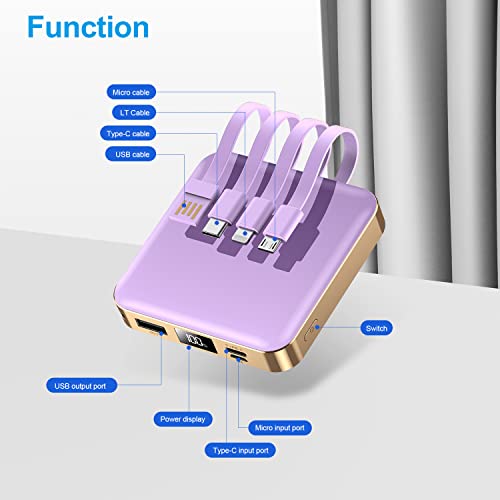 ummz Mini Portable Charger with Built-in 4 Cables，12000mAh Small Power Bank - color: purple