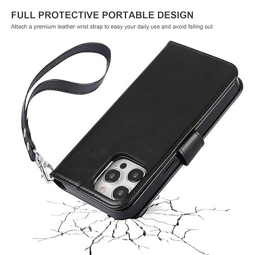 Bocasal Detachable Wallet Case Card Holder for iPhone 15 Pro Max Black | RFID Blocking Kickstand Card Slots Holder PU Leather Magnetic Shockproof Wrist Strap Removable Flip Protective Cover 6.7 inch - color: Black