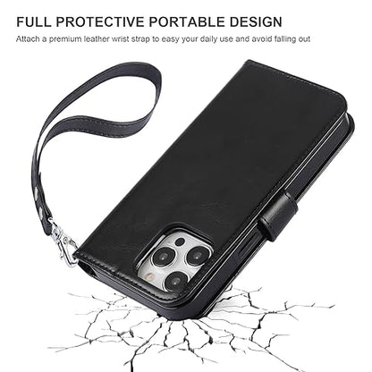 Bocasal Detachable Wallet Case Card Holder for iPhone 15 Pro Max Black | RFID Blocking Kickstand Card Slots Holder PU Leather Magnetic Shockproof Wrist Strap Removable Flip Protective Cover 6.7 inch - color: Black