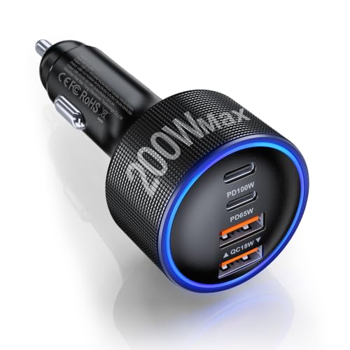USB C Car Charger Fast Charge,200W Dual PD 4-Port Cigarette Lighter Adapter