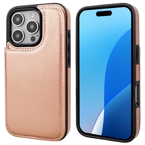 ONETOP for iPhone 16 Pro Wallet Case with Credit Card Holder,Rosegold | Kickstand,ID/Cash Holder,Case Wallet with Card Slots,Double Magnetic Clasp,Durable PU Leather Shockproof Cover for Women Men - color: Rose Gold