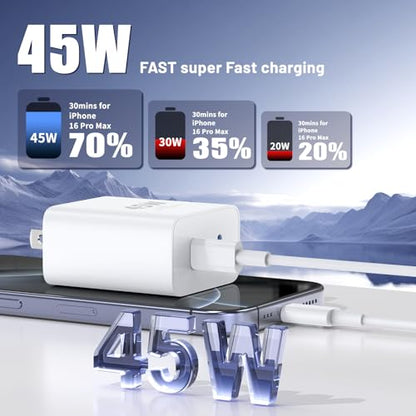 QZIIW iPhone 17 16 15 Pro Max Fast Charger,45W Dual Port USB C Fast Charger - color: White, size: 3FT+6FT+10FT+10FT
