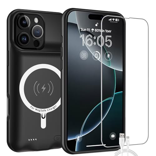 Battery Case for iPhone 16 Pro, 10000mAh High-Capacity Protective Rechargeable Extended Charger Case Compatible Magsafe with iPhone 16 Pro (6.3 inch) Wireless Charging Case Support Carplay (Black) - size: iPhone 16 Pro