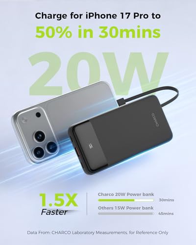 CHARCO Portable Charger Power Bank with Built in Cable 10000mAh - color: Black