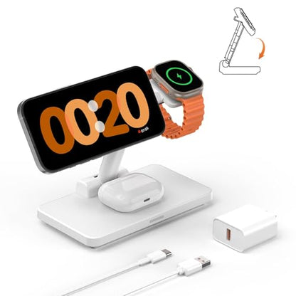 MagSafe 3 in 1 Wireless Charging Station: JoyGeek Portable Foldable Stand for iPhone 17 16 15 14 13 Pro Max Plus, Apple Watch, AirPods Pro (White) - color: Pure White
