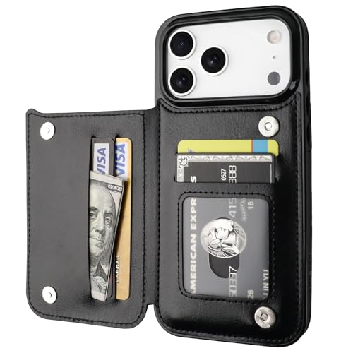 ONETOP for iPhone 17 Pro Max Wallet Case with Credit Card Holder,Black | Kickstand,ID/Cash Holder,Case Wallet with Card Slots,Double Magnetic Clasp,Durable PU Leather Shockproof Cover for Women Men - color: Black