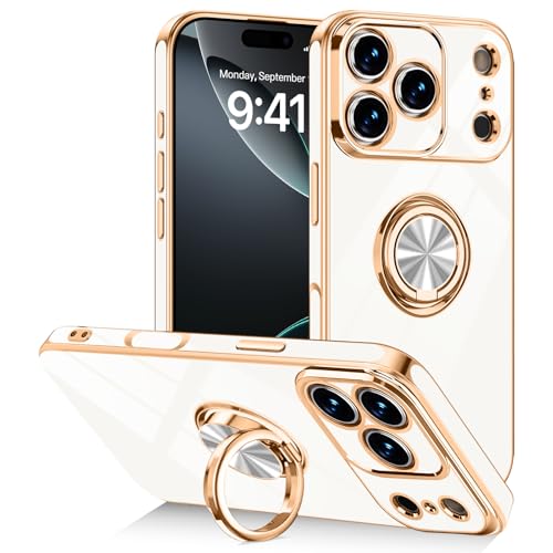 Designed for iPhone 17 Pro Case with Ring Stand Slim White | 360° Rotatable Finger Holder, Support Magnetic Car Mount, Soft TPU Electroplated, Full Lens Protection, Shockproof Phone Case - color: White, size: 6.3'' iPhone 17 Pro