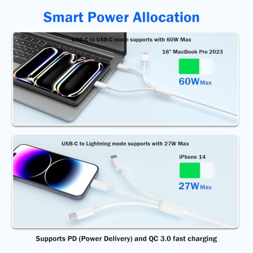 Multi USB Cable 6FT/2Pack 60W 3 in 1 USB C to 2*USB C and Lightning Port - color: White2
