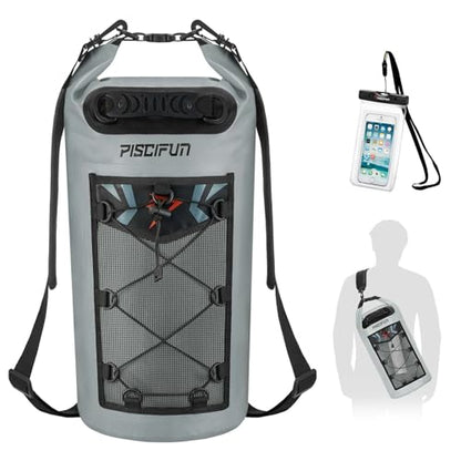 Piscifun Dry Bag, Waterproof Floating Backpack 10L/20L/30L/40L | Waterproof Phone Case, Adjustable shoulder straps, Roll-top closure keeps gear dry, Ideal for Boating, Kayaking, Fishing - color: Grey, style: 20l