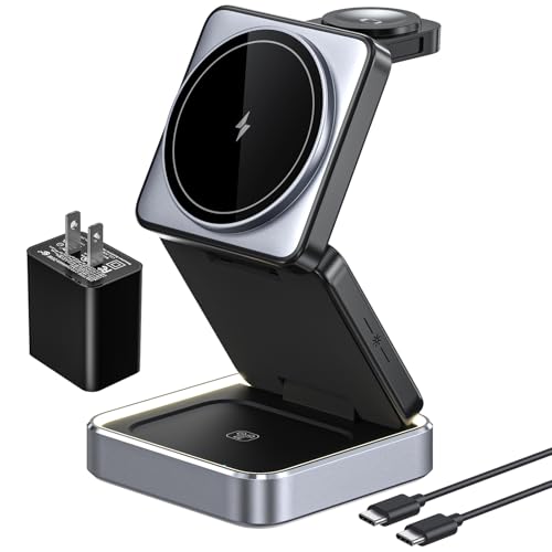 3 in 1 Wireless Charger for iPhone 17 16 15 14 13 12 11 Pro Max Foldable Wireless Charging Station with Night Light for MagSafe Travel Magnetic Charger Stand Fast Charging for AirPods Apple Watch B