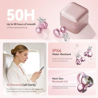 Clip On Earbuds with Detachable Butterfly Earrings & LED Makeup Mirror Case, Wireless Earbuds Bluetooth 6.0, Air Conduction Headphones, Lightweight for Travel Work Daily Use,Great Gift Choice - color: Blush Pink