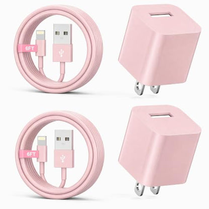 iPhone Charger,[MFi Certified] 2Pack 6FT Lightning Cable Data Sync Charging Cords with 2Pack USB Wall Charger Travel Plug Adapter Compatible with iPhone 14/13/12/11/Mini/XS/Max/XR/X/8/7/SE - color: Pink