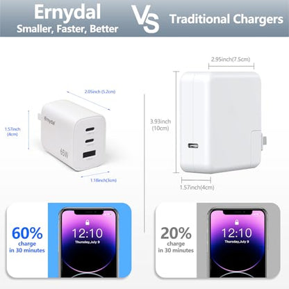 65W GaN USB-C Fast Charger Block with Dual USB-C & USB-A Ports, Compact Power Adapter for MacBook, iPad, iPhone, Galaxy, and More (White) - color: White