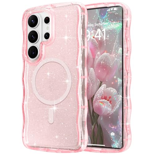 Pepmune Magnetic for Samsung Galaxy S26 Ultra Case Clear, Sparkly Bling Glitter Cute Wave Edge Cover for Women Men Compatible with MagSafe TPU Shockproof Phone Case for Samsung Galaxy S26 Ultra, Pink - color: Pink, size: Samsung Galaxy S26 Ultra