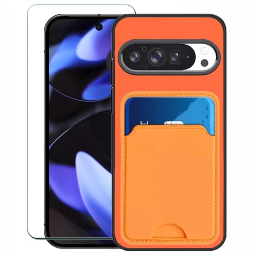for Google Pixel 9/9 Pro Case with Screen Protector, Silicone Slim Wallet Cover with Card Holder Shock Absorption Rubber Case Compatible for Google Pixel 9/9 Pro 6.3" Smartphone -Orange