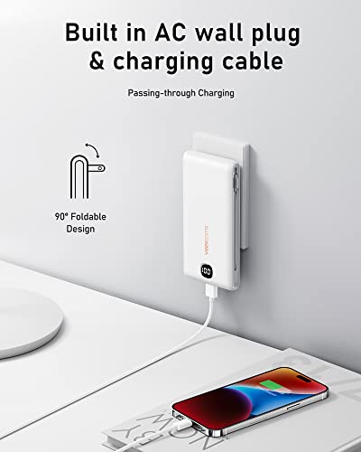 Portable Charger with Wall Plug and Built in Cables, VEEKTOMX 10000 Mah Power Bank, USB C Slim Battery Pack with LED Display Compatible with iPhone 18/17/16/15, Samsung