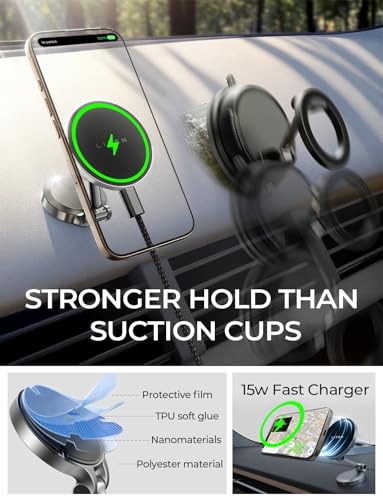 LISEN Magsafe Car Mount Charger, 15W Fast Charging Magnetic Wireless Car Charger [Mini & Fast Charging], Magnetic Car Phone Holder Dashboard Gifts for iPhone 17 Pro Max Air 16 15 14,Samsung - color: Grey