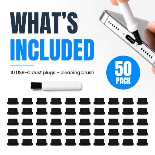USB C Dust Plugs 50 Pack with Cleaning Brush, Charging Port Covers, Black - color: Black, 50 Pack