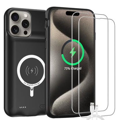 Battery Case for iPhone 15 Pro, Upgraded 10000mAh High-Capacity Protective Rechargeable Extended Charger Cover Compatible with iPhone 15 Pro (6.1 inch) Wireless Charging Case Support Carplay - Black - size: iPhone 15 Pro