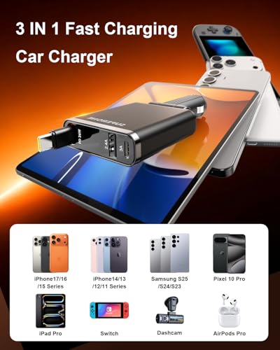 SUPERONE Car Charger USB C Fast Charge, Ultra-Slim Retractable Car Charger - color: Frosted Black
