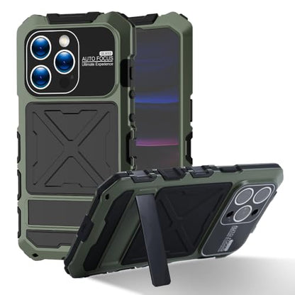 Simicoo Compatible with iPhone 16 Pro Max Metal Bumper Military Rugged Silicone Case Heavy Duty Armor Defender Metal Case with Stand Built-in Gorilla Glass Full Cover Dustproof Cover (Green)
