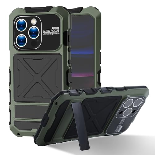 Simicoo Compatible with iPhone 16 Pro Metal Bumper Military Rugged Silicone Case Heavy Duty Armor Defender Metal Case with Stand Built-in Gorilla Glass Full Cover Dustproof Cover (Green)