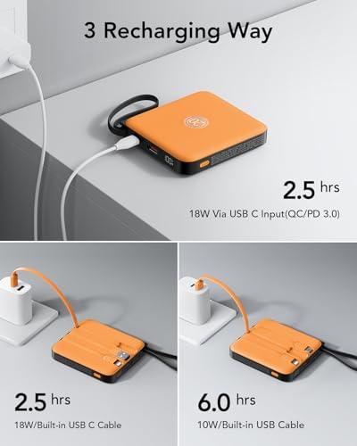 Portable Charger Built-in Cables,10000mAh 22.5W Fast Charging Power Bank - color: Orange