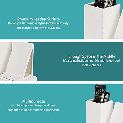 Wireless Charger with Desk Organizer, Wireless Charging Station for iPhone 14/14 Pro/13/12/11/Samsung Galaxy S23/S22/S21/S20/Note 20/Note 10, Charging Stand with Leather, White - color: White